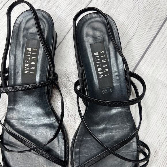 Stuart Weitzman Strappy Sandals Black Patent Leather Heels Sz 9.5B - Picture 2 of 7